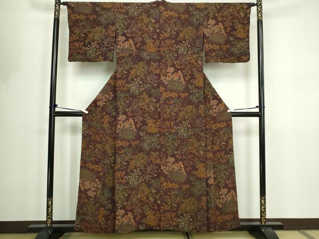 平和屋着物▽上質な小紋　単衣　鬼しぼ縮緬　草花文　正絹　逸品　DABF8765sf