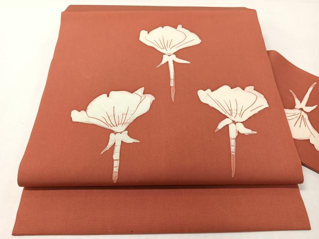 平和屋着物●塩瀬　九寸名古屋帯　作家物　ろうけつ染め　草花文　正絹　逸品　CABG7899vp