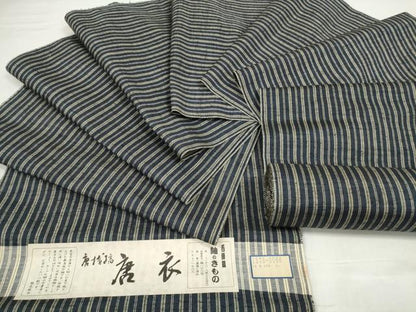 平和屋着物●西陣　紬　反物　着尺　唐衣　唐桟縞　逸品　未使用　DABD8521zzz