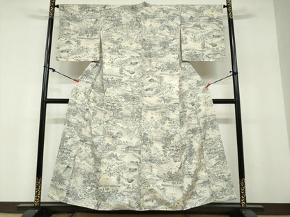 平和屋着物●上質な小紋　紬地　風景草花文　正絹　逸品　未使用　DABF1477ud