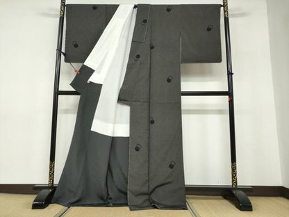平和屋着物●塩沢絣　丸文　黒地　証紙付き　なかくに織物謹製　ロング丈　正絹　逸品　未使用　DABF1497ud