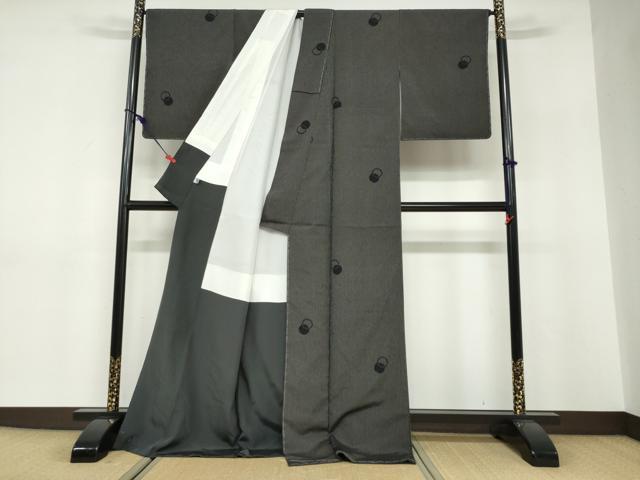 平和屋着物●塩沢絣　丸文　黒地　証紙付き　なかくに織物謹製　ロング丈　正絹　逸品　未使用　DABF1497ud