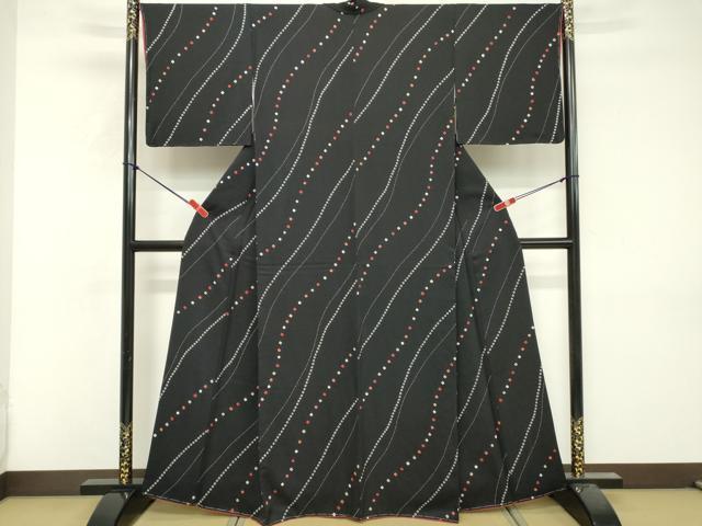 平和屋着物■上質な小紋　絞り　よろけ縞　黒地　健勝苑扱い　正絹　逸品　未使用　DABF9698cd