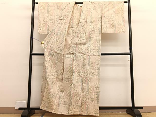 平和屋着物▽上質な紬　単衣　色紙飾花文　正絹　逸品　BAAX2597hv