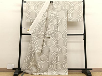 平和屋着物▽上質な紬　単衣　幾何学文様　正絹　逸品　BAAX2623hv