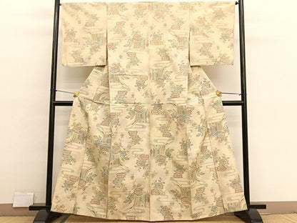平和屋着物▽上質な紬　単衣　御所車花文　正絹　逸品　BAAX2622hv