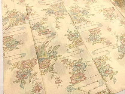 平和屋着物▽上質な紬　単衣　御所車花文　正絹　逸品　BAAX2622hv