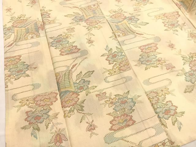 平和屋着物▽上質な紬　単衣　御所車花文　正絹　逸品　BAAX2622hv