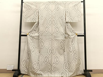 平和屋着物▽上質な紬　単衣　幾何学文様　正絹　逸品　BAAX2623hv