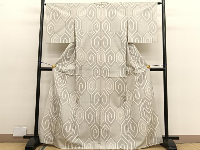 平和屋着物▽上質な紬　単衣　幾何学文様　正絹　逸品　BAAX2623hv