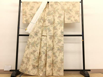平和屋着物▽上質な紬　単衣　御所車花文　正絹　逸品　BAAX2622hv