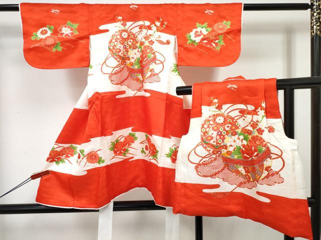 平和屋着物[]七五三　女の子　３歳　祝着　三つ身　被布セット　鞠花文　金彩　逸品　DABE7371ma