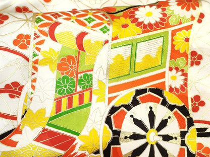 平和屋着物[]七五三　女の子　７歳　祝着　四つ身　駒刺繍　御所車花文　金彩　逸品　DABE7364ma