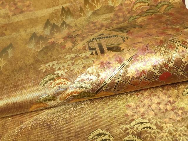 平和屋着物▼漆工芸作家　金森一博　六通柄袋帯　籬風景花文　金彩　引箔　正絹　逸品　DABG0077az