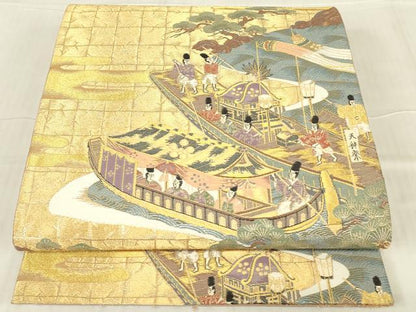 平和屋着物▼六通柄袋帯　都祭礼図　金糸　正絹　逸品　DABG0112az