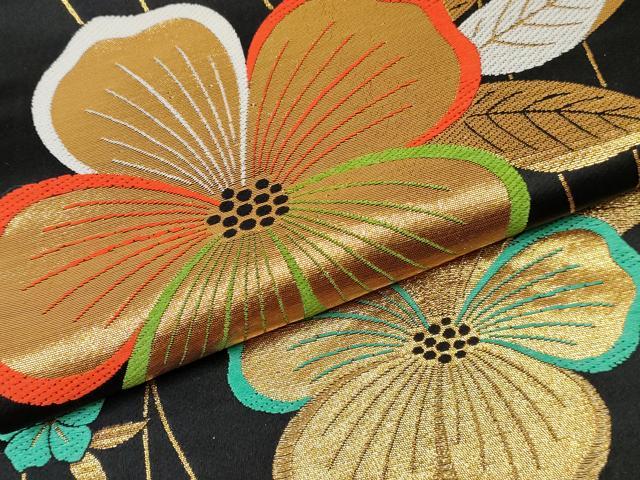 平和屋着物[]女の子　子供　全通柄袋帯　花繋ぎ　黒地　金糸　逸品　DABE7337ma