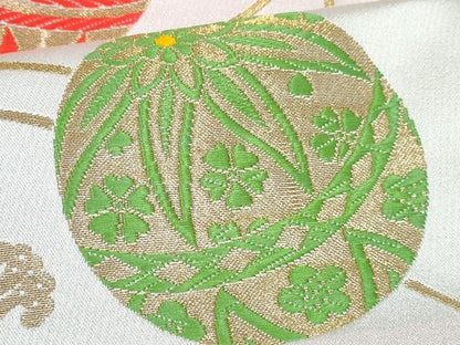 平和屋着物[]女の子　子供　全通柄袋帯　鞠花文　金糸　未使用　DABE7333ma