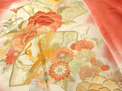 平和屋着物■豪華振袖　総刺繍　駒刺繍　地紙花鳥文　暈し染め　金銀糸　正絹　逸品　DABF9787cd