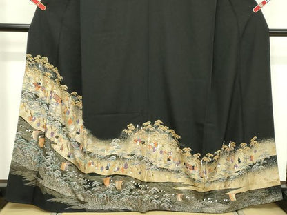 平和屋着物■豪華黒留袖　荒波人物風景文　金銀彩　正絹　逸品　DABF9809cd