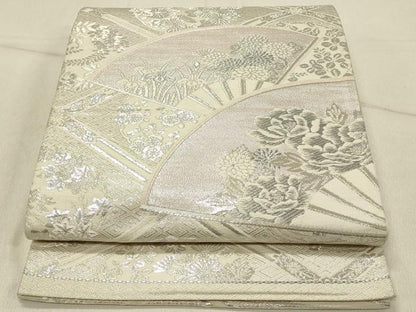 平和屋着物◎六通柄袋帯　扇面花文　銀糸　正絹　逸品　DABF6841qp