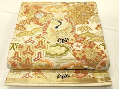 平和屋着物◎アンティーク　大正ロマン　丸帯　飛鶴吉祥花文　金糸　正絹　逸品　DABF6887qp