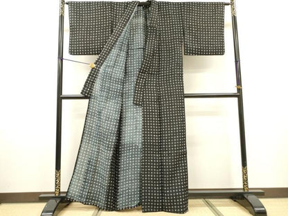 平和屋着物▽上質な小紋　単衣　幾何学文様　黒地　正絹　逸品　DABF2680fe