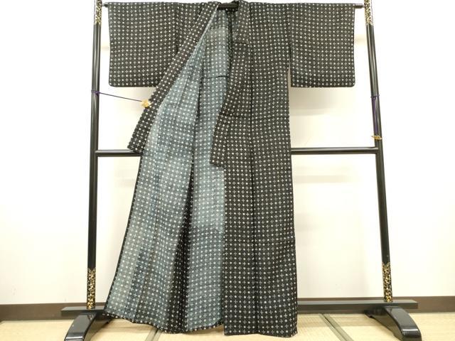 平和屋着物▽上質な小紋　単衣　幾何学文様　黒地　正絹　逸品　DABF2680fe