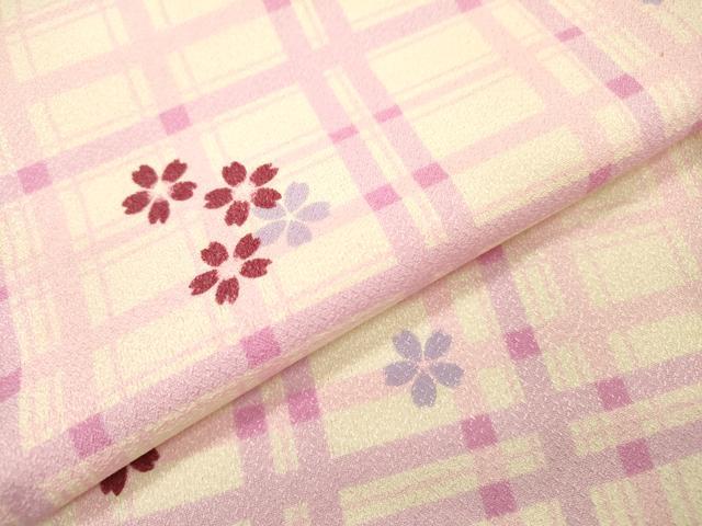平和屋着物▽小紋　単衣　格子舞桜　洗える着物　DABF2676fe