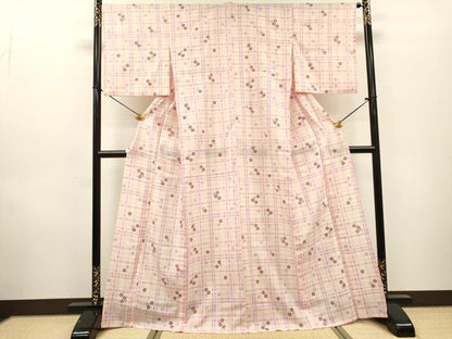 平和屋着物▽小紋　単衣　格子舞桜　洗える着物　DABF2676fe