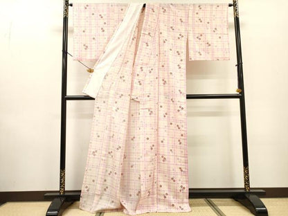 平和屋着物▽小紋　単衣　格子舞桜　洗える着物　DABF2676fe