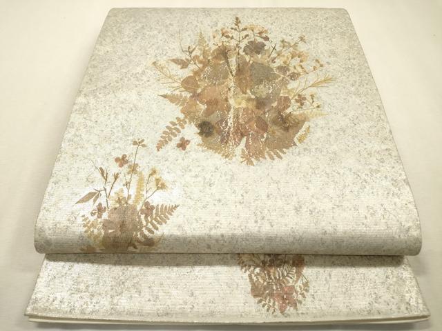 平和屋着物▼太鼓柄袋帯　作家物　押し花　草花文　銀彩　引箔　正絹　逸品　DABF2654fe