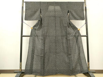 平和屋着物▽上質な小紋　単衣　幾何学文様　黒地　正絹　逸品　DABF2680fe