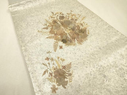 平和屋着物▼太鼓柄袋帯　作家物　押し花　草花文　銀彩　引箔　正絹　逸品　DABF2654fe