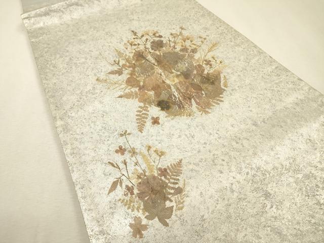 平和屋着物▼太鼓柄袋帯　作家物　押し花　草花文　銀彩　引箔　正絹　逸品　DABF2654fe