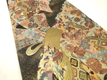 平和屋着物▼六通柄袋帯　万巻錦　黒地　金糸　正絹　逸品　DABF2719fe