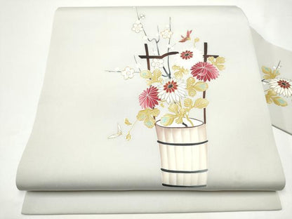 平和屋着物●塩瀬　九寸名古屋帯　駒刺繍　花籠文　金彩　正絹　逸品　CABG9193hy