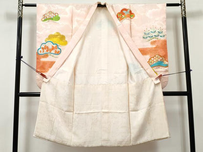 平和屋着物[]七五三　女の子　７歳　祝着　四つ身　駒刺繍　松取り飛鶴花蝶文　金彩　逸品　DABE7378ma