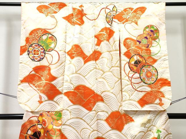 平和屋着物[]七五三　女の子　７歳　祝着　四つ身　駒刺繍　青海波　鼓花文　金彩　洗える着物　DABE7377ma