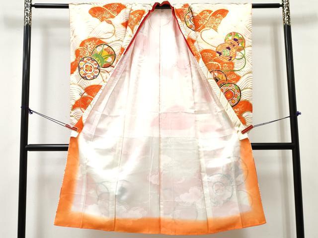 平和屋着物[]七五三　女の子　７歳　祝着　四つ身　駒刺繍　青海波　鼓花文　金彩　洗える着物　DABE7377ma