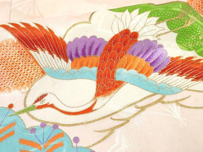平和屋着物[]七五三　女の子　７歳　祝着　四つ身　駒刺繍　松取り飛鶴花蝶文　金彩　逸品　DABE7378ma