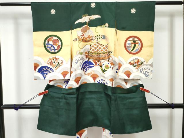 平和屋着物[]お宮参り　男の子　祝着　産着　初着　のしめ　駒刺繍　鶴　蓑亀　立波文　金彩　逸品　DABE7384ma