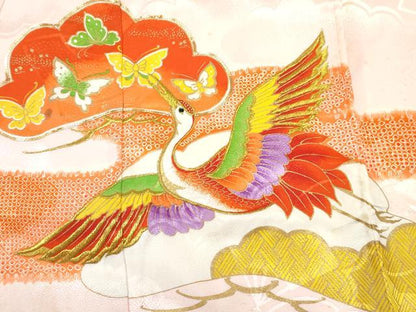 平和屋着物[]七五三　女の子　７歳　祝着　四つ身　駒刺繍　松取り飛鶴花蝶文　金彩　逸品　DABE7378ma