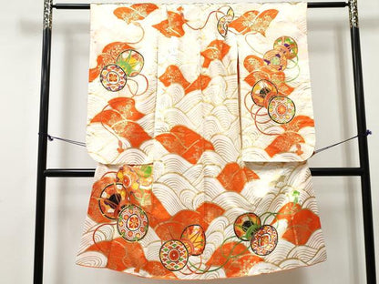 平和屋着物[]七五三　女の子　７歳　祝着　四つ身　駒刺繍　青海波　鼓花文　金彩　洗える着物　DABE7377ma
