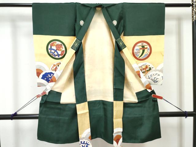 平和屋着物[]お宮参り　男の子　祝着　産着　初着　のしめ　駒刺繍　鶴　蓑亀　立波文　金彩　逸品　DABE7384ma