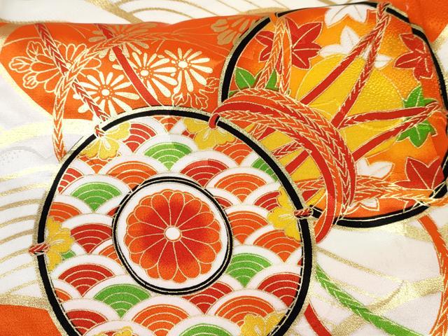 平和屋着物[]七五三　女の子　７歳　祝着　四つ身　駒刺繍　青海波　鼓花文　金彩　洗える着物　DABE7377ma