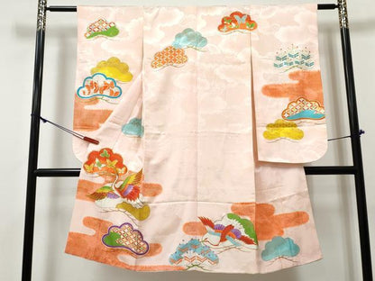 平和屋着物[]七五三　女の子　７歳　祝着　四つ身　駒刺繍　松取り飛鶴花蝶文　金彩　逸品　DABE7378ma