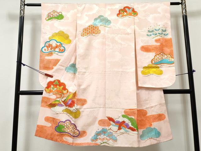 平和屋着物[]七五三　女の子　７歳　祝着　四つ身　駒刺繍　松取り飛鶴花蝶文　金彩　逸品　DABE7378ma