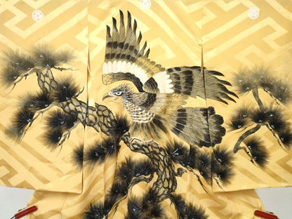 平和屋着物[]お宮参り　男の子　祝着　産着　初着　のしめ　手描き　鷹　鷲　松文　逸品　DABE7383ma
