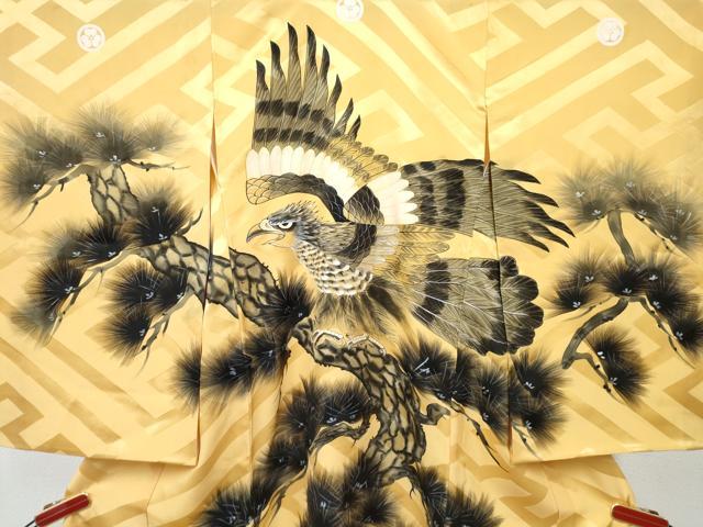 平和屋着物[]お宮参り　男の子　祝着　産着　初着　のしめ　手描き　鷹　鷲　松文　逸品　DABE7383ma