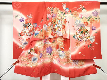 平和屋着物[]お宮参り　女の子　祝着　産着　初着　のしめ　鴛鴦鞠花文　暈し染め　金彩　逸品　DABE7393ma